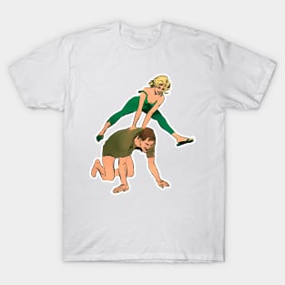 Blonde girl jumping her boyfriend: love play T-Shirt